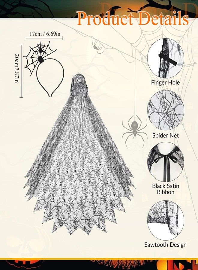 Funnysoft Womens Halloween Spider Web Cape Costume Black Lace Poncho Vampire Witch Hooded Cloak for Halloween(44.5 Inches) - Image 2